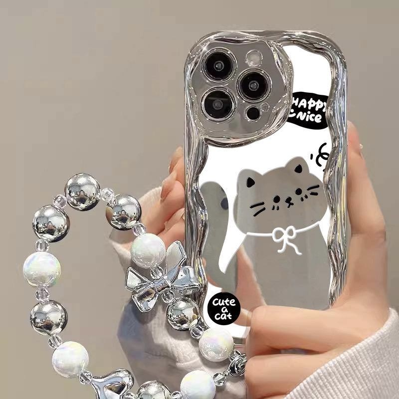 قاب موبایل سامسونگ silver cat ایینه ای همراه با اویز دستی